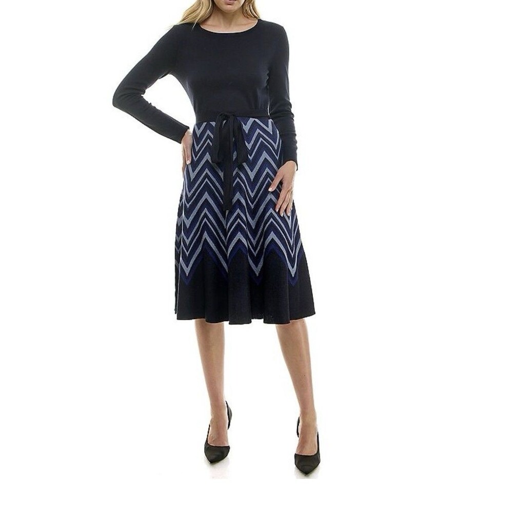 Taylor Blue Feminine Belted Knit Midi Sweater Dress Size Large - Picture 3 of 16